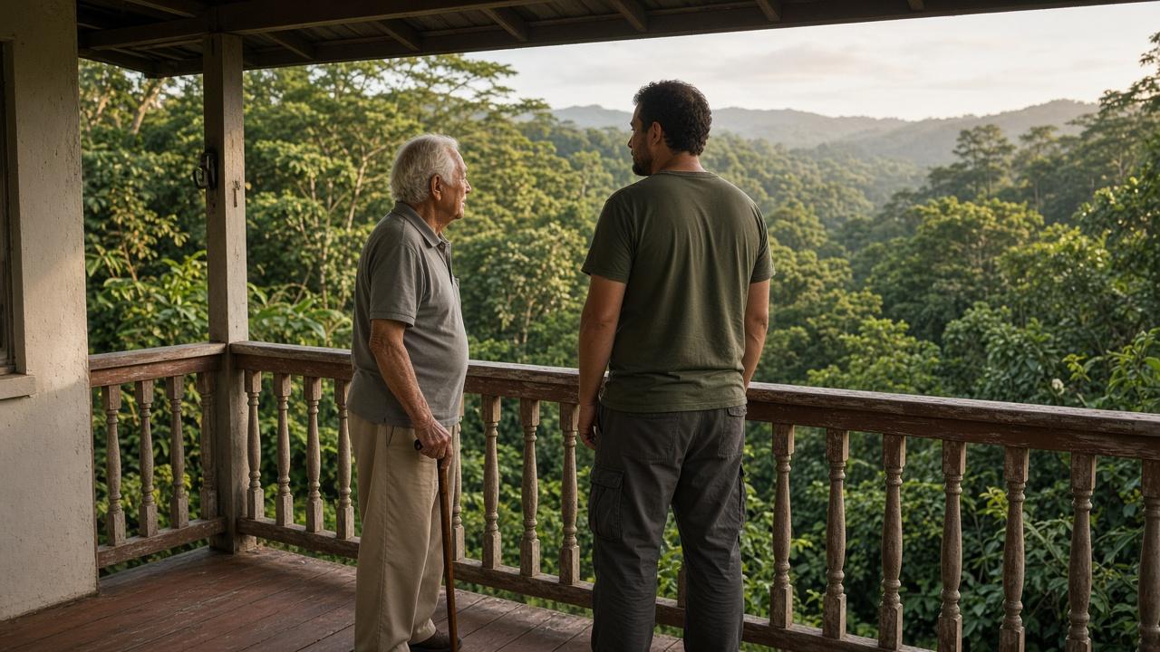 A father with a cane and his son on a lanai looking over a green valley.