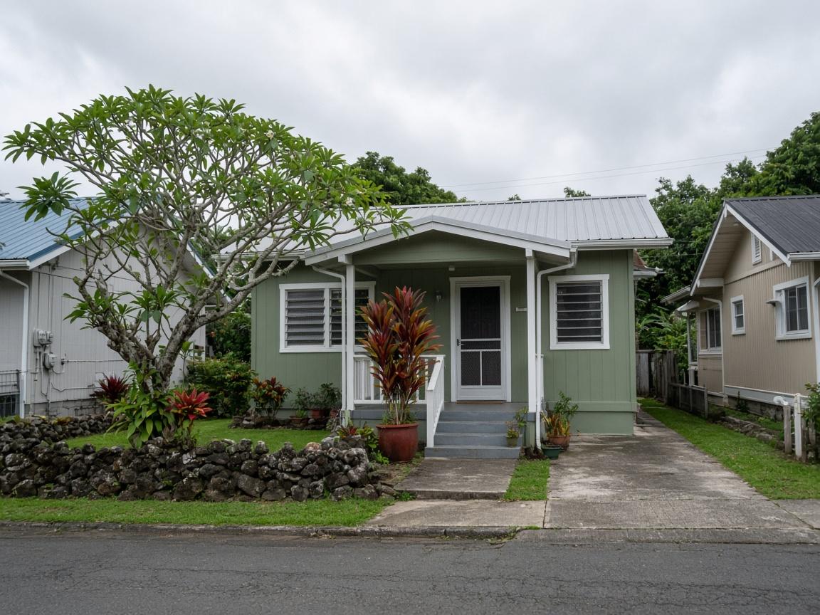A small green plantation-style house with a stone wall and a plumeria tree in front.