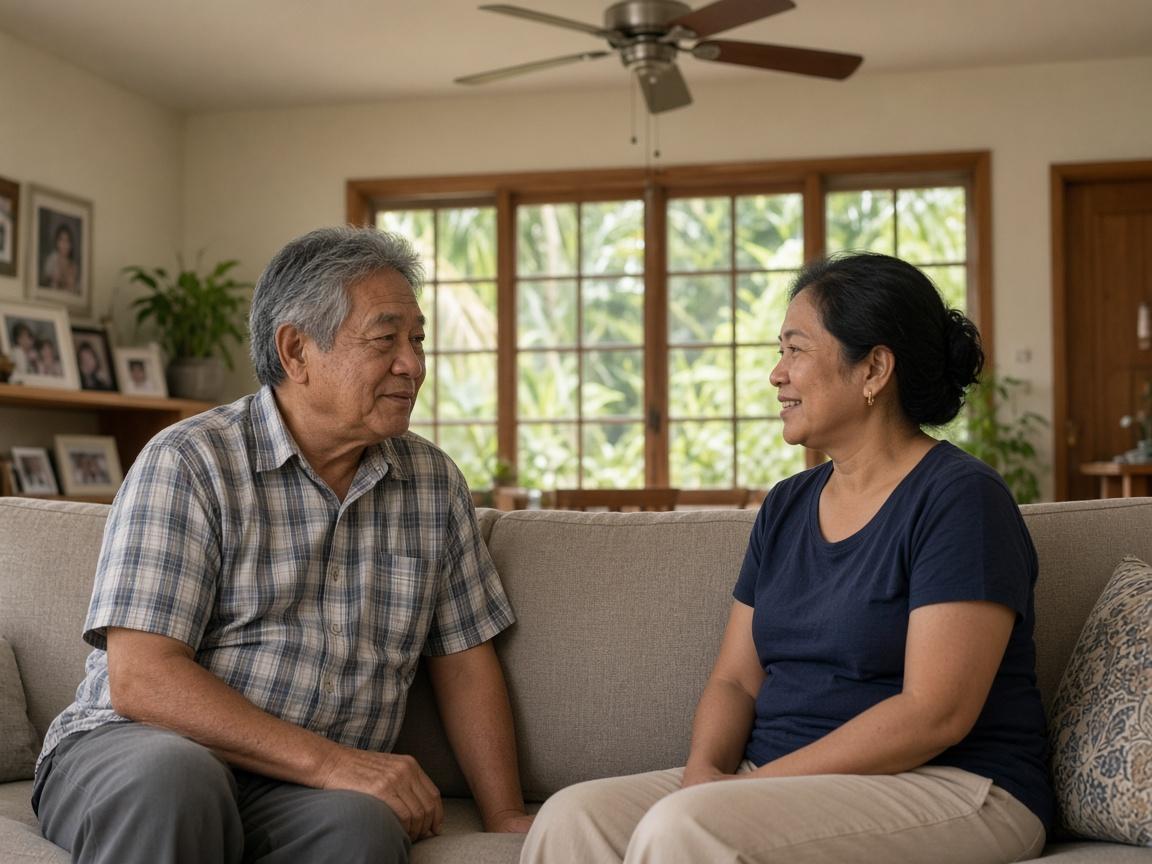 An older man and a woman in conversation on a living room sofa.